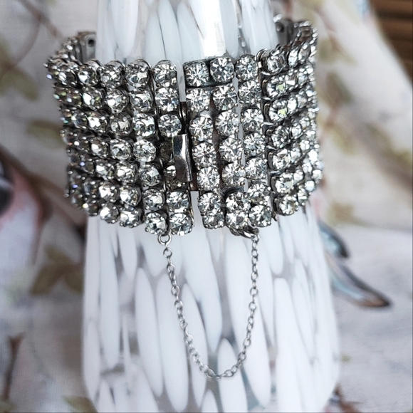 Vintage Signed Kramer of New York Seven Row Prong Set Clear Rhinestone Bracelet - Picture 2 of 16